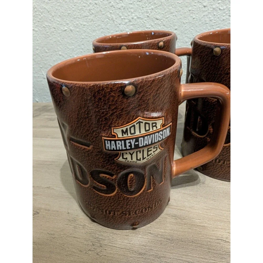 Harley Davidson Mug Lot of 3 2003 Brown 3D Embossed Faux Leather Motorcycle Vtg